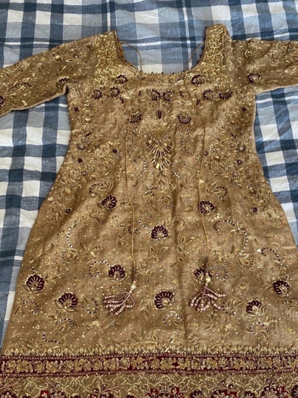UZMA BABAR BRIDAL DRESS with Maroon & Gold Accents CUSTOM HAND WORK NO MACHINE!!